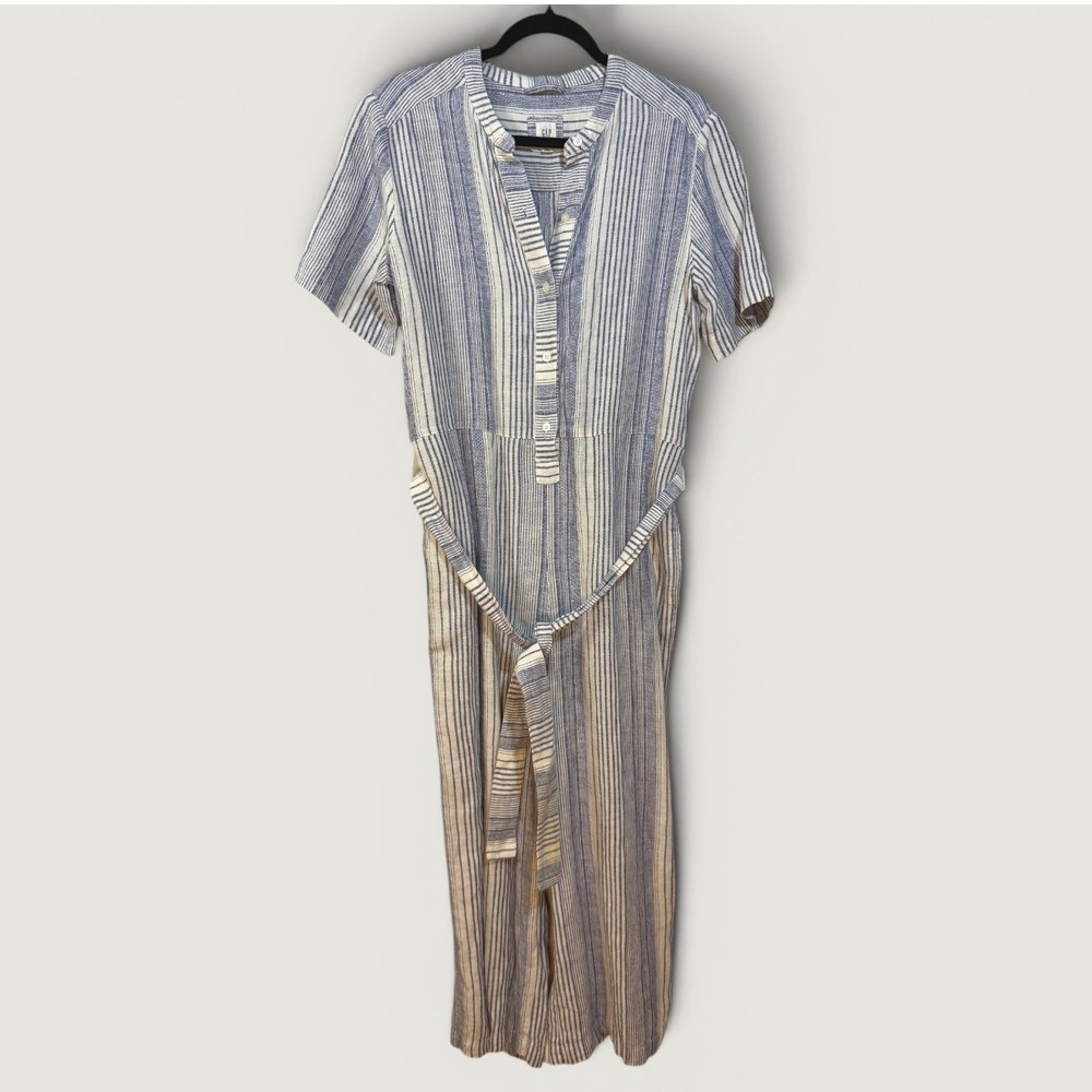GAP Jumpsuit‎ Womens Small Blue White Striped Linen Blend Tie Waist Short Sleeve